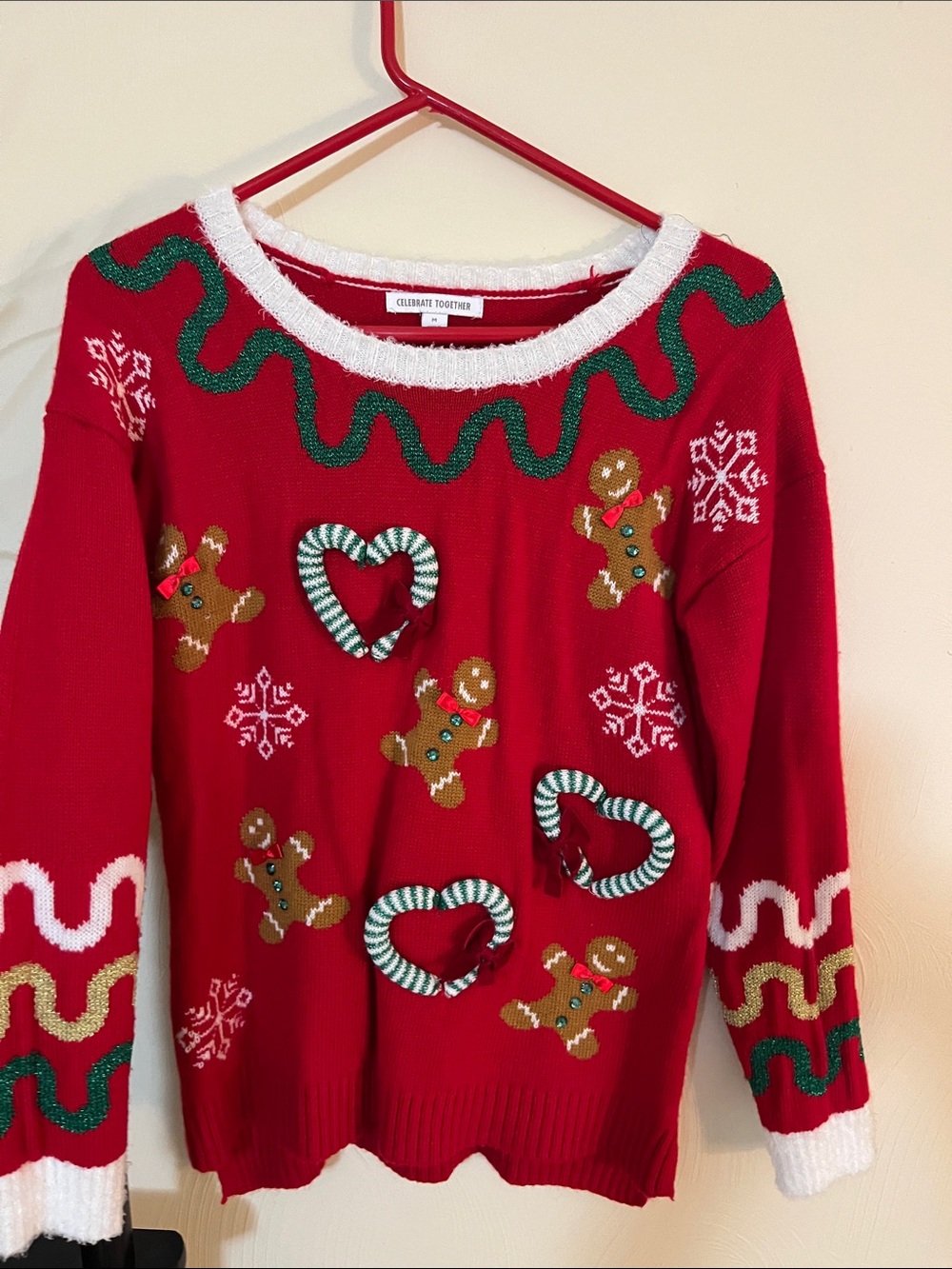 Women's Red Holiday Gingerbread Heart Crewneck Sweater